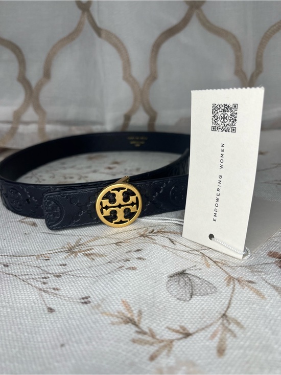 Tory Burch Navy Embossed Leather Double-Wrap Belt with Gold Logo main image 8